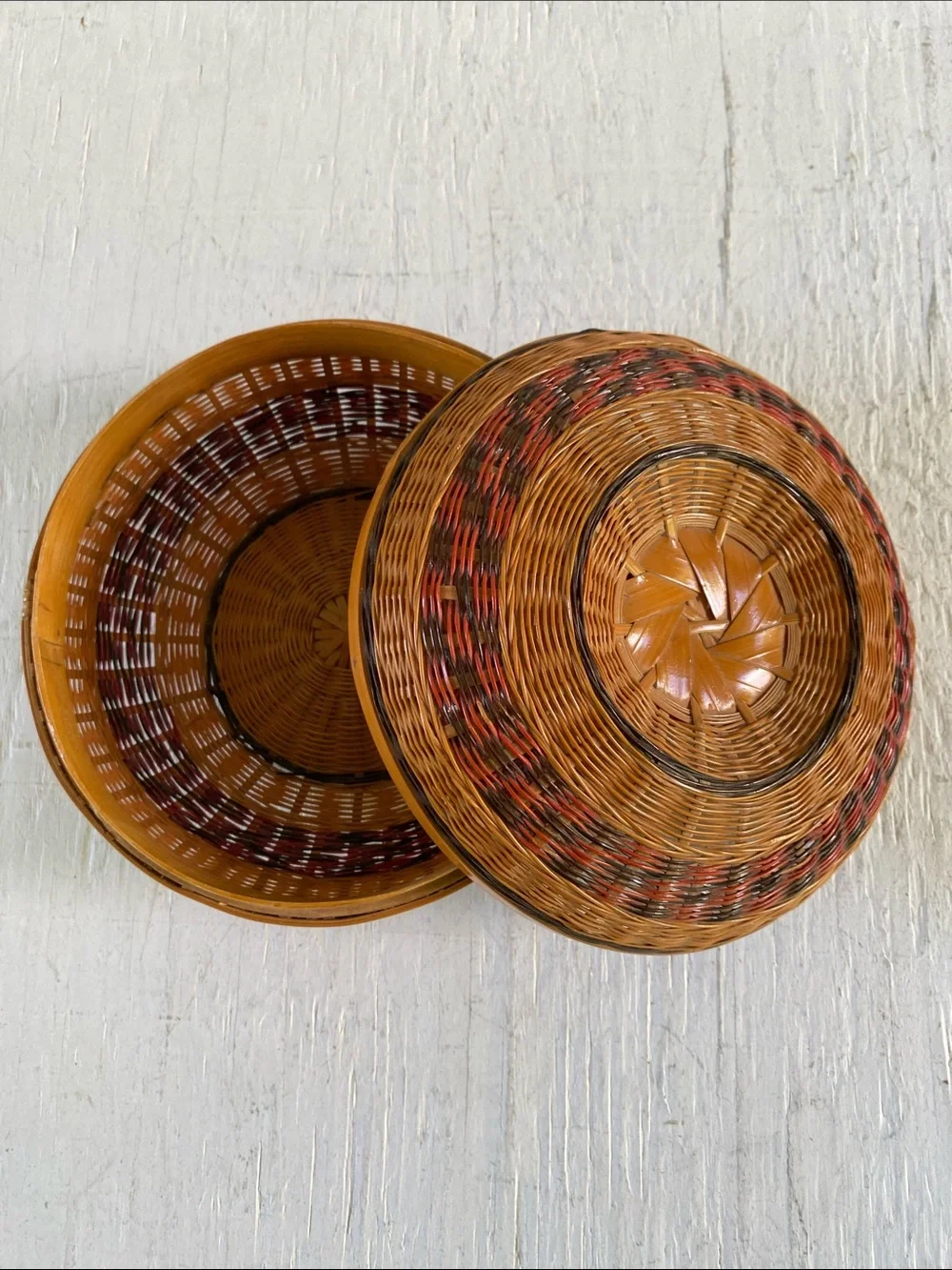 Handwoven Round Wicker/Bamboo Decorative Box - Brown with Red and Black Accents